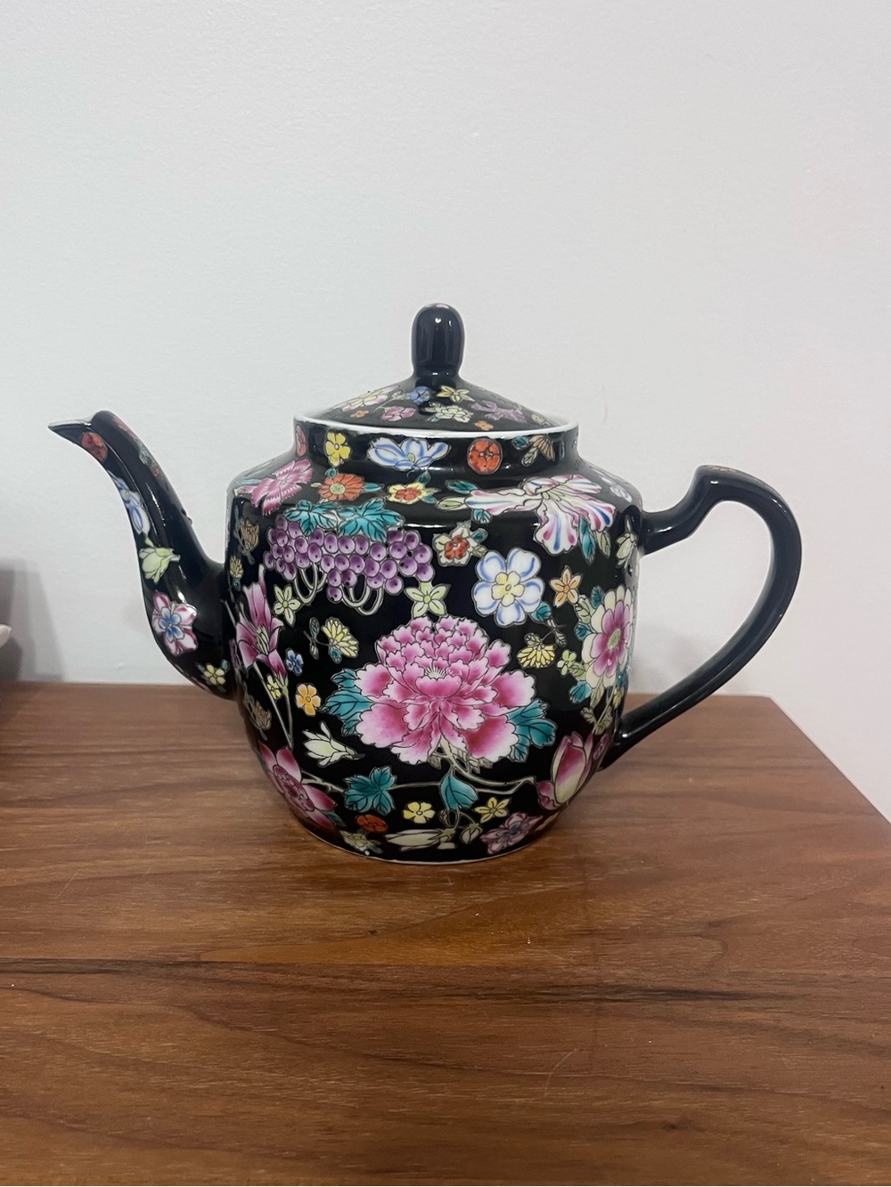 Vintage 1970s Black Pink Floral Chinese Jingdezhen Millefleur Porcelain Teapot